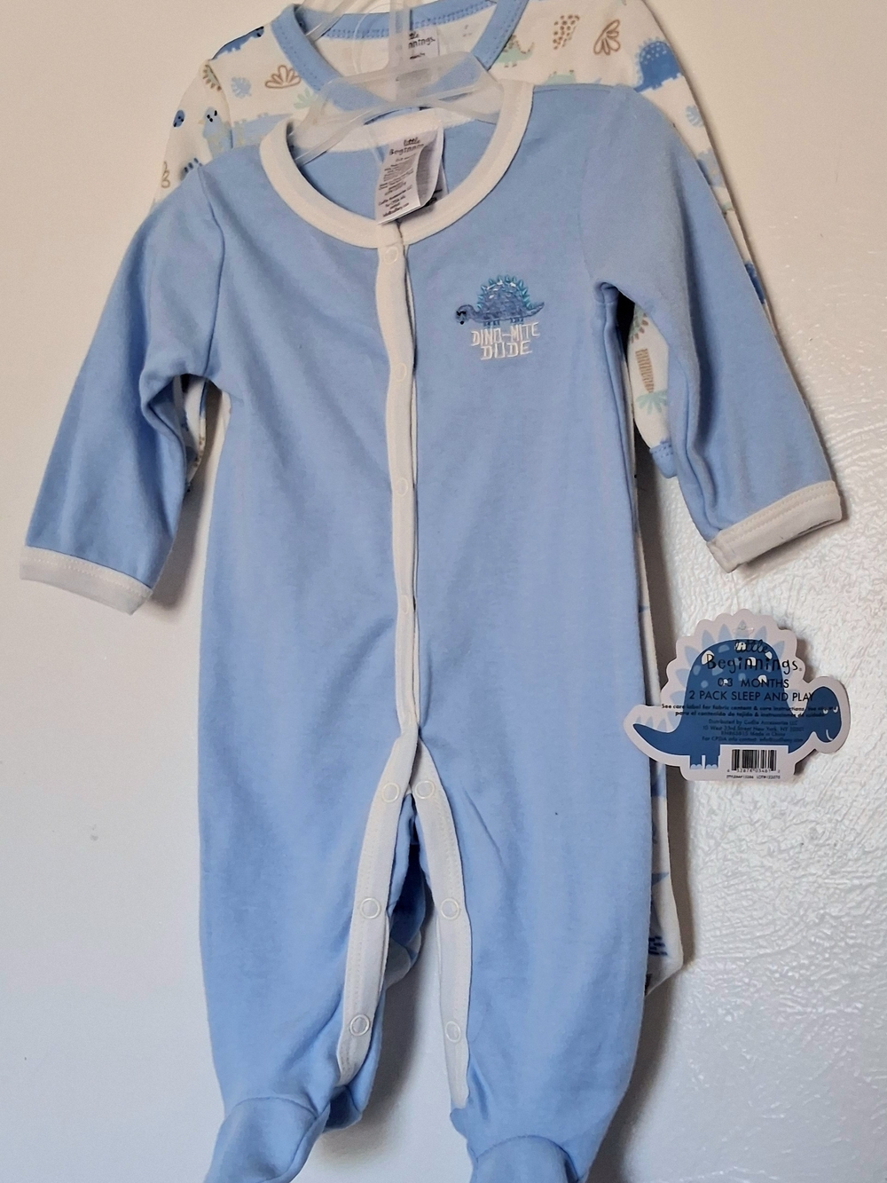 Little Beginnibgs Baby Blue Long-Sleeve Footed One-Piece - Dino Bite Dude